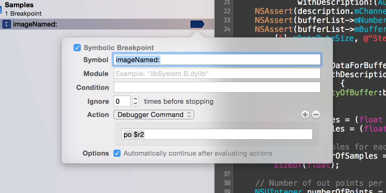 Symbolic breakpoint configuration in Xcode